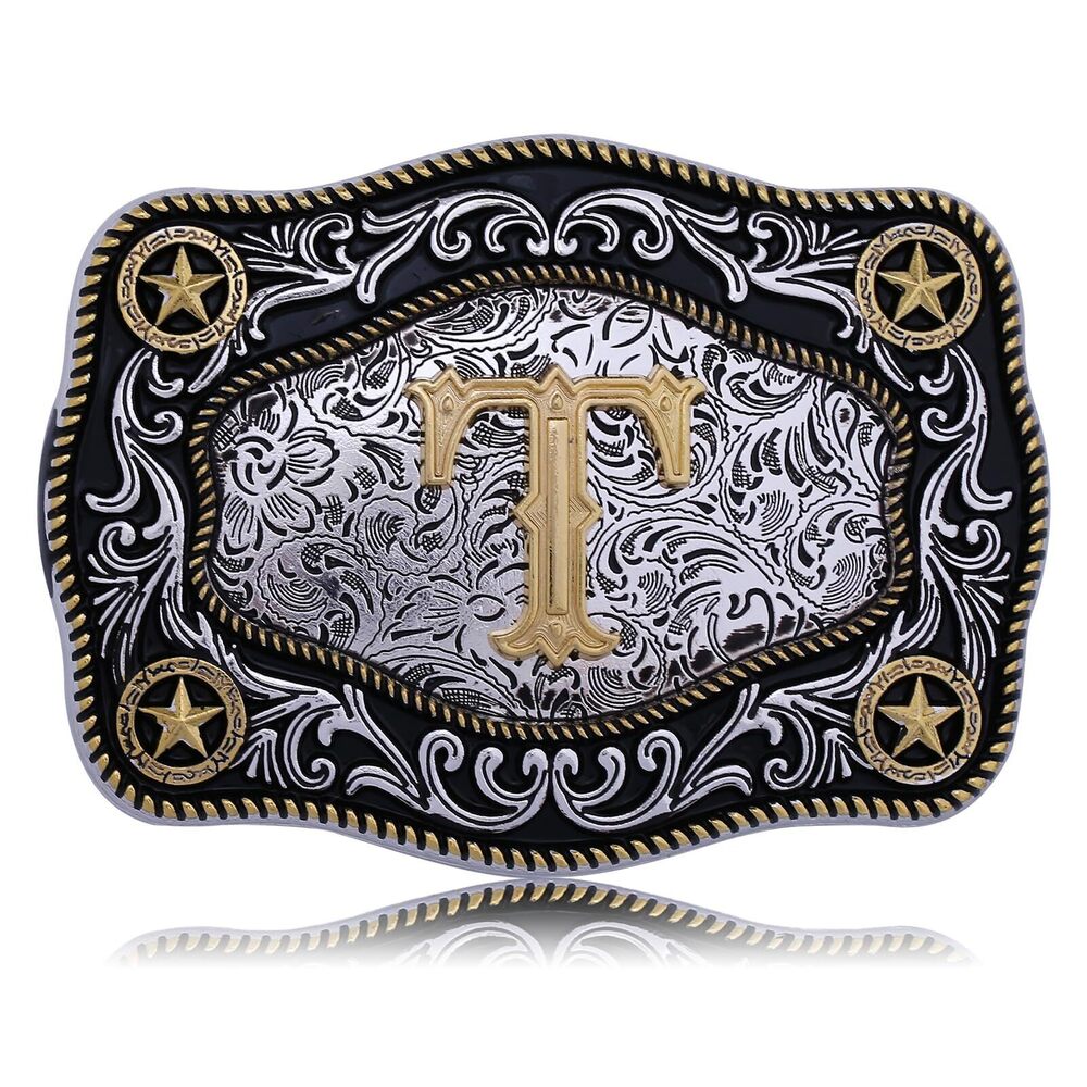 1415 Western Belt Buckle Initial Letters ABCDJMR to Z Large Gold Cowboy